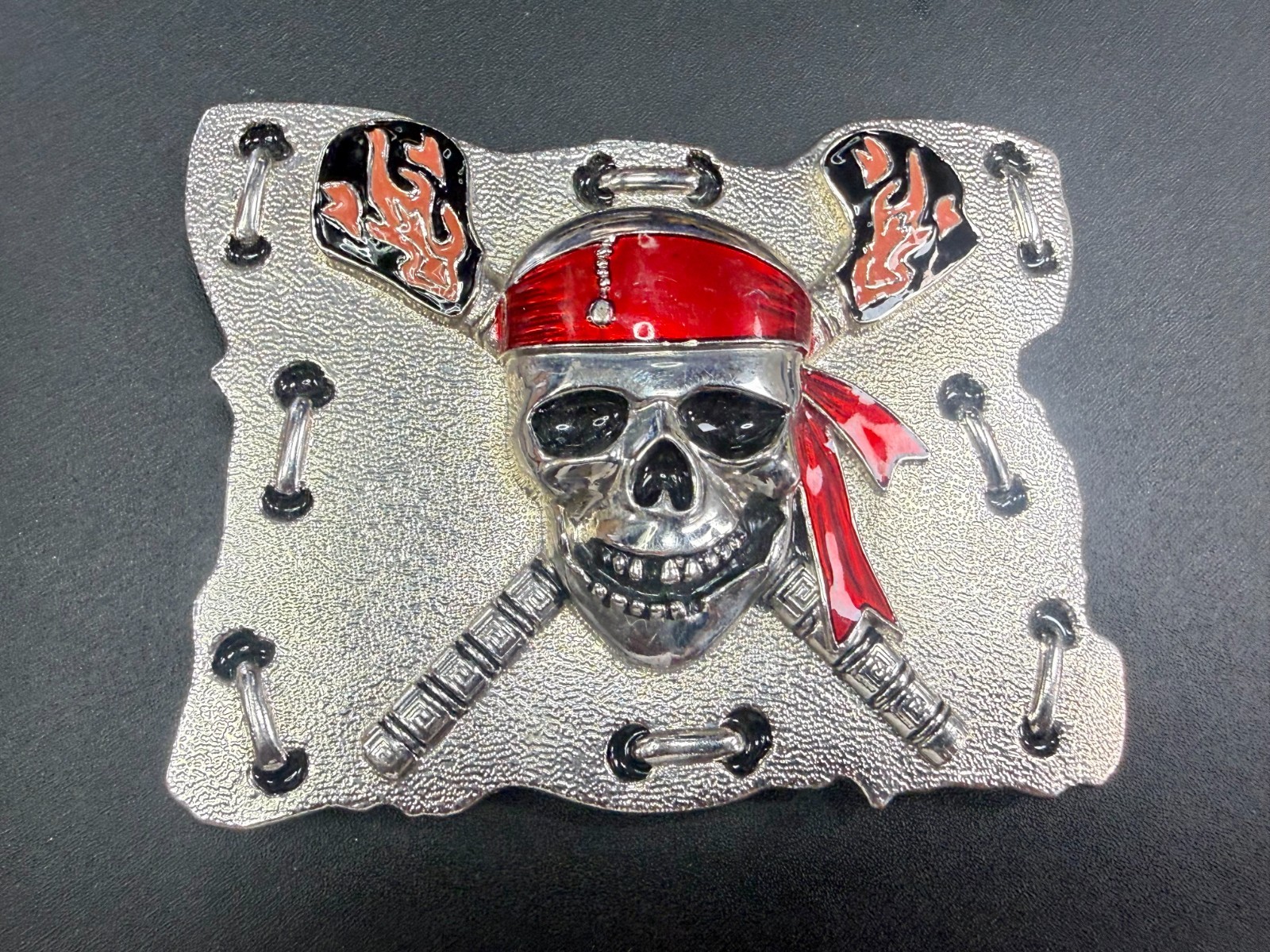 Raised Pirate Skull in Red Bandana Swords Gothic Punk Biker Vibe Belt Buckle