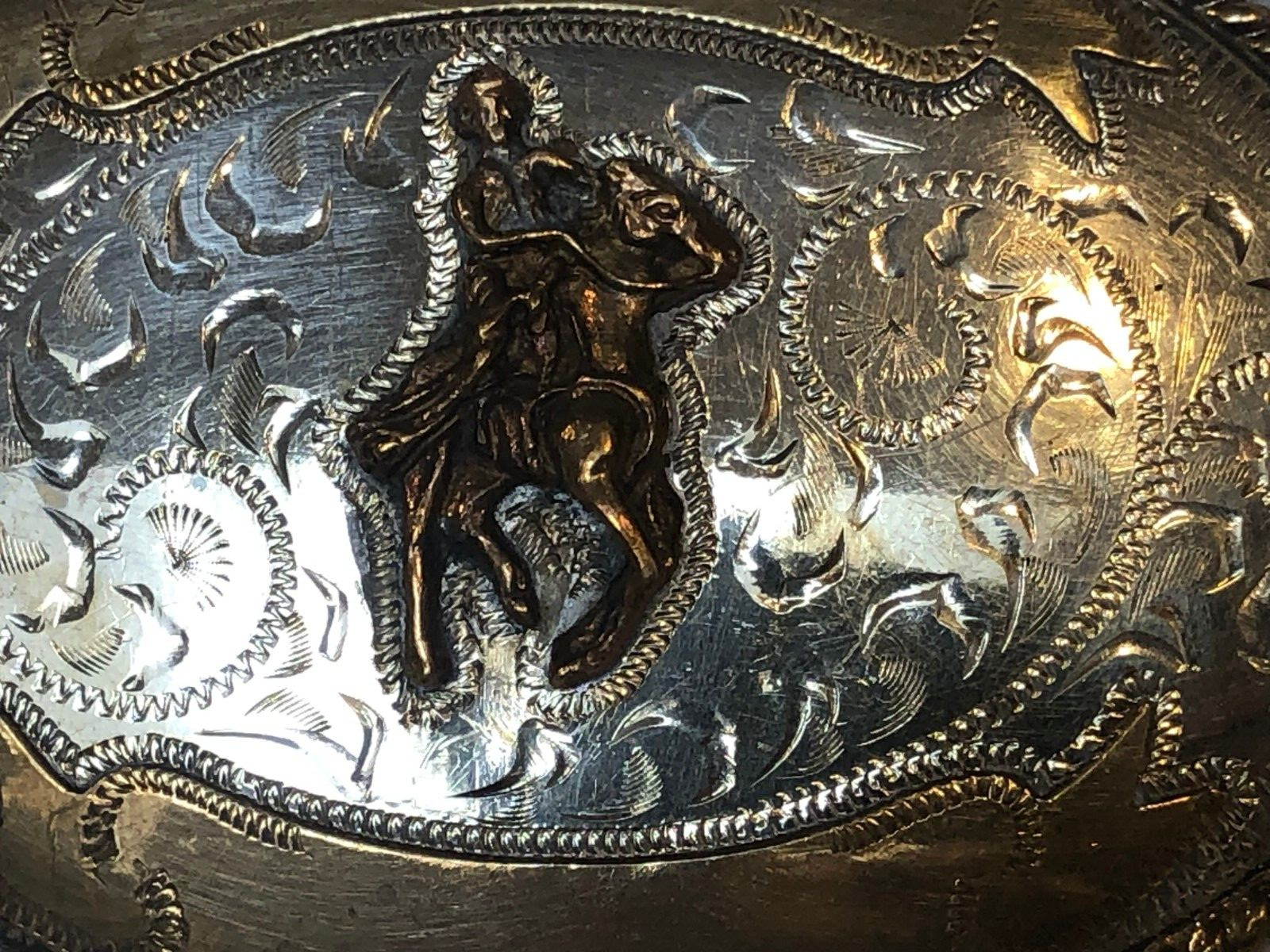 Vintage Alpaca Silver and Brass Belt Buckle Rider & Horse 4&Prime; x 2.75&Prime;