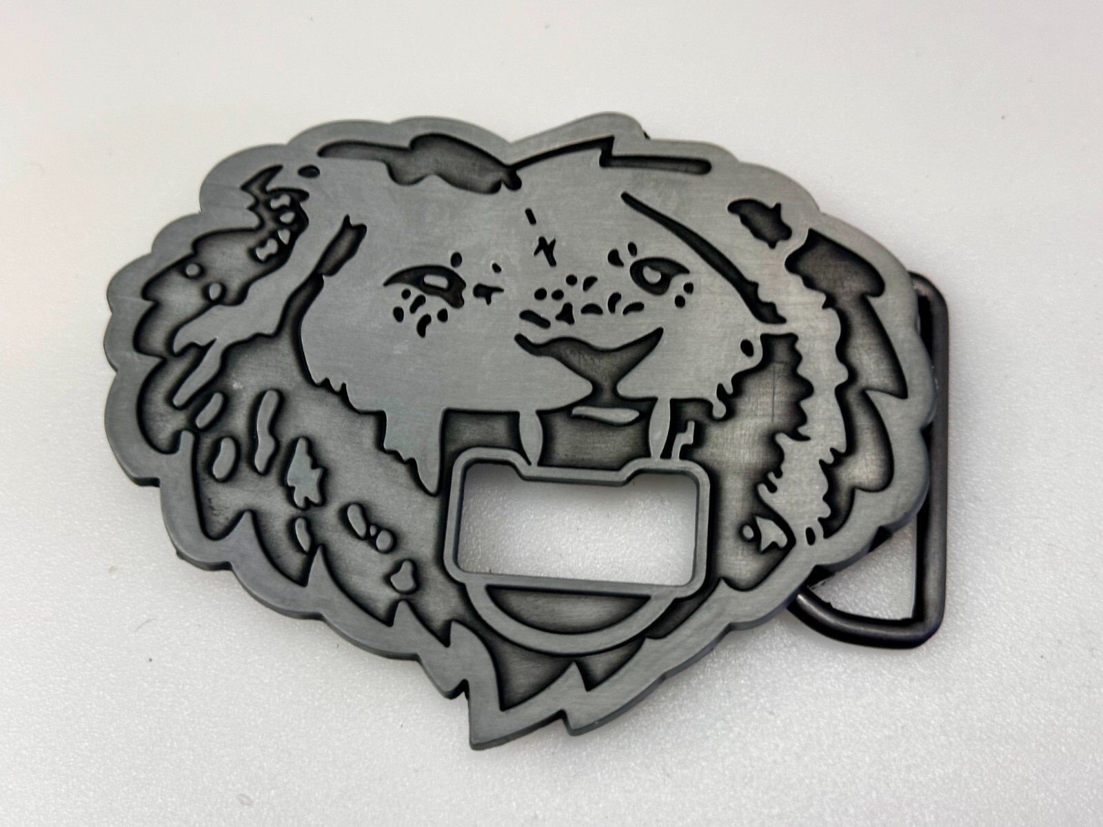 Roaring Lion Head Silver Tone Cutout Belt Buckle and Bottle Opener
