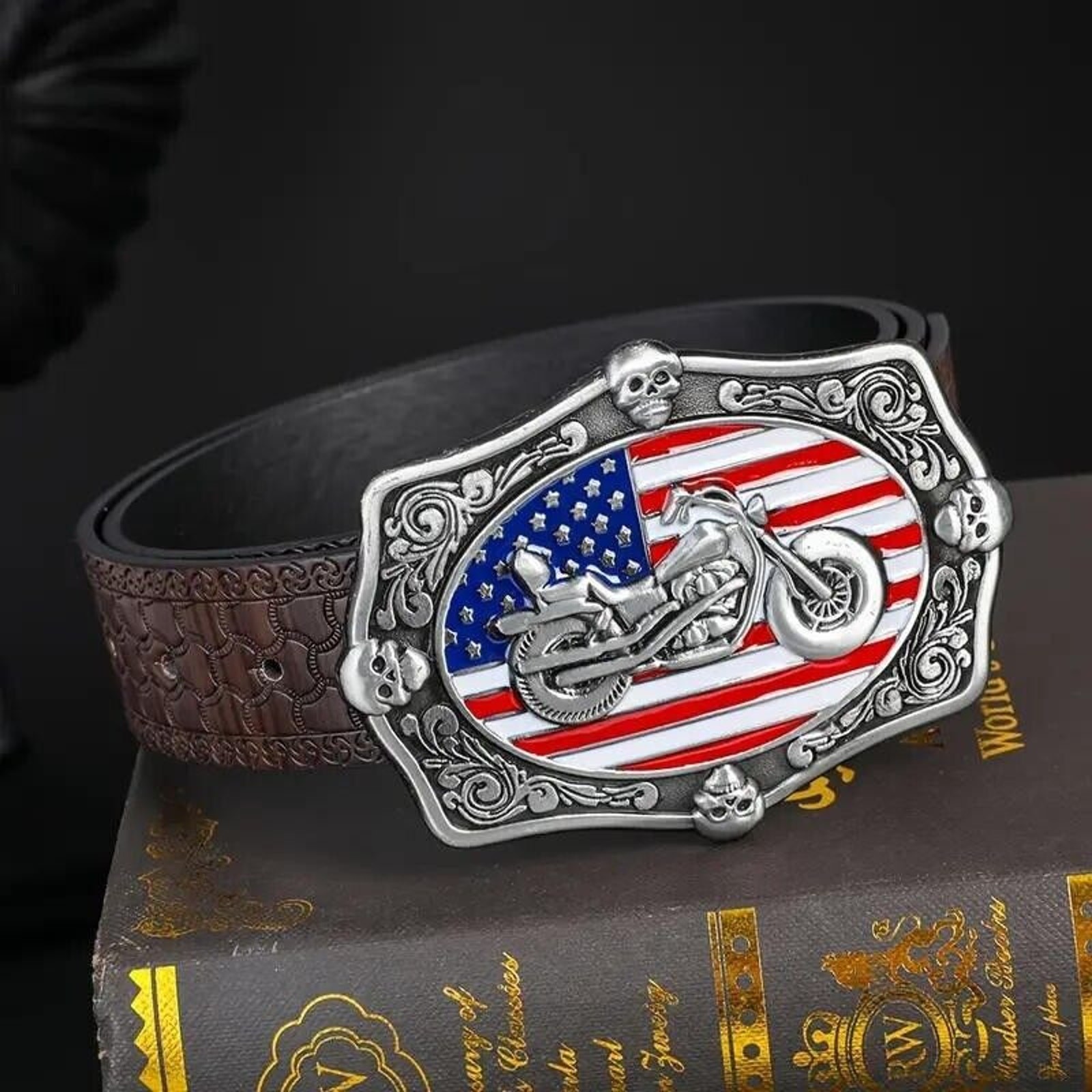 Skulls & V-Twin Motorcycle Belt Buckle • Enameled American Flag Red White Blue