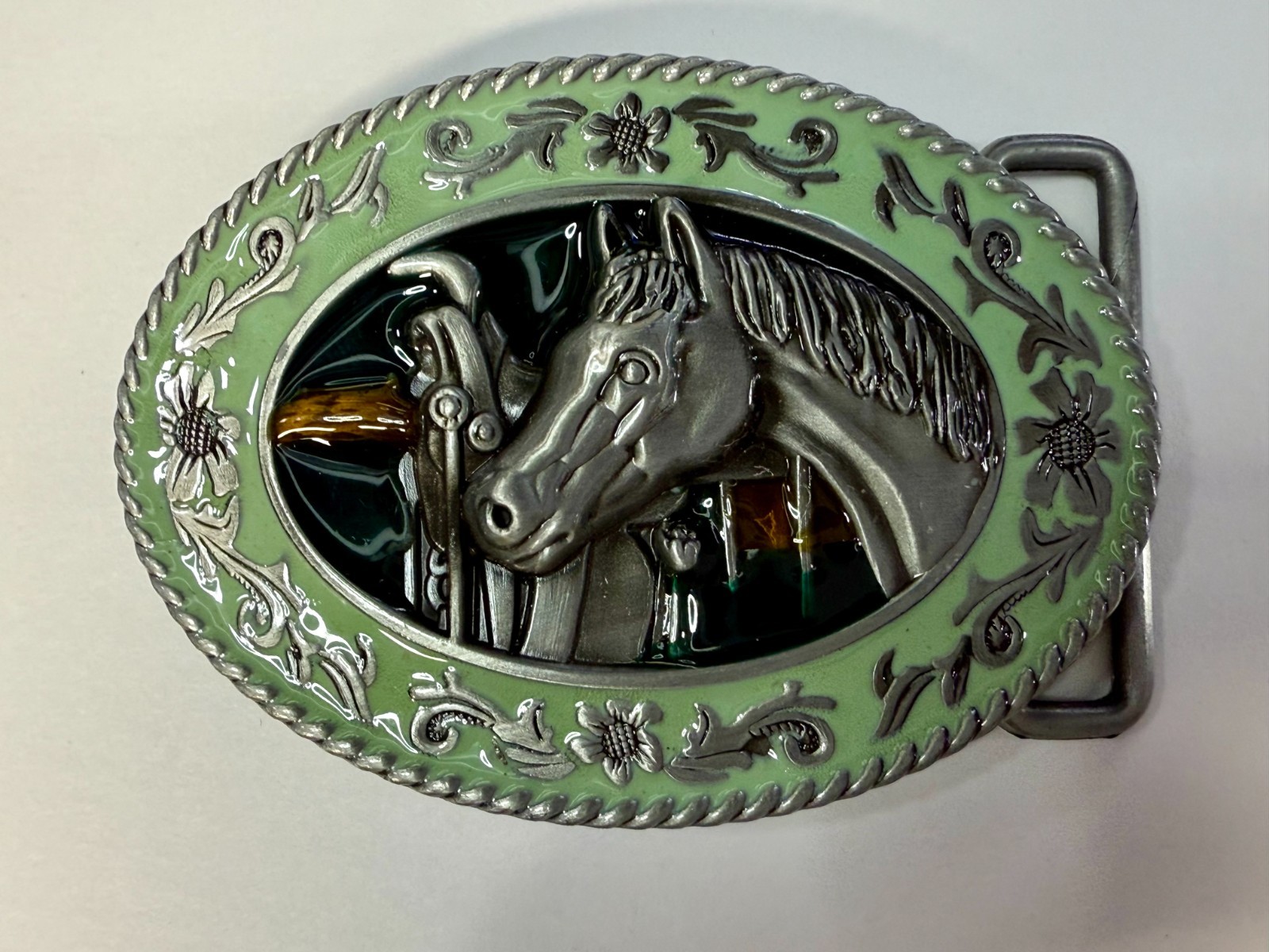 Horse Head and Saddle Enamel Rodeo Cowboys Cowgirls Dimensional Belt Buckle