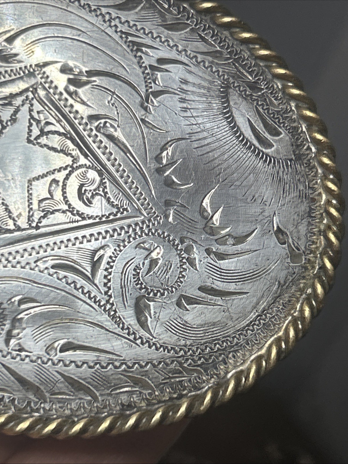 57. Vintage 925 Hand Engraved STAR Swirl Brass Rope Framed Oval Buckle 50.4g