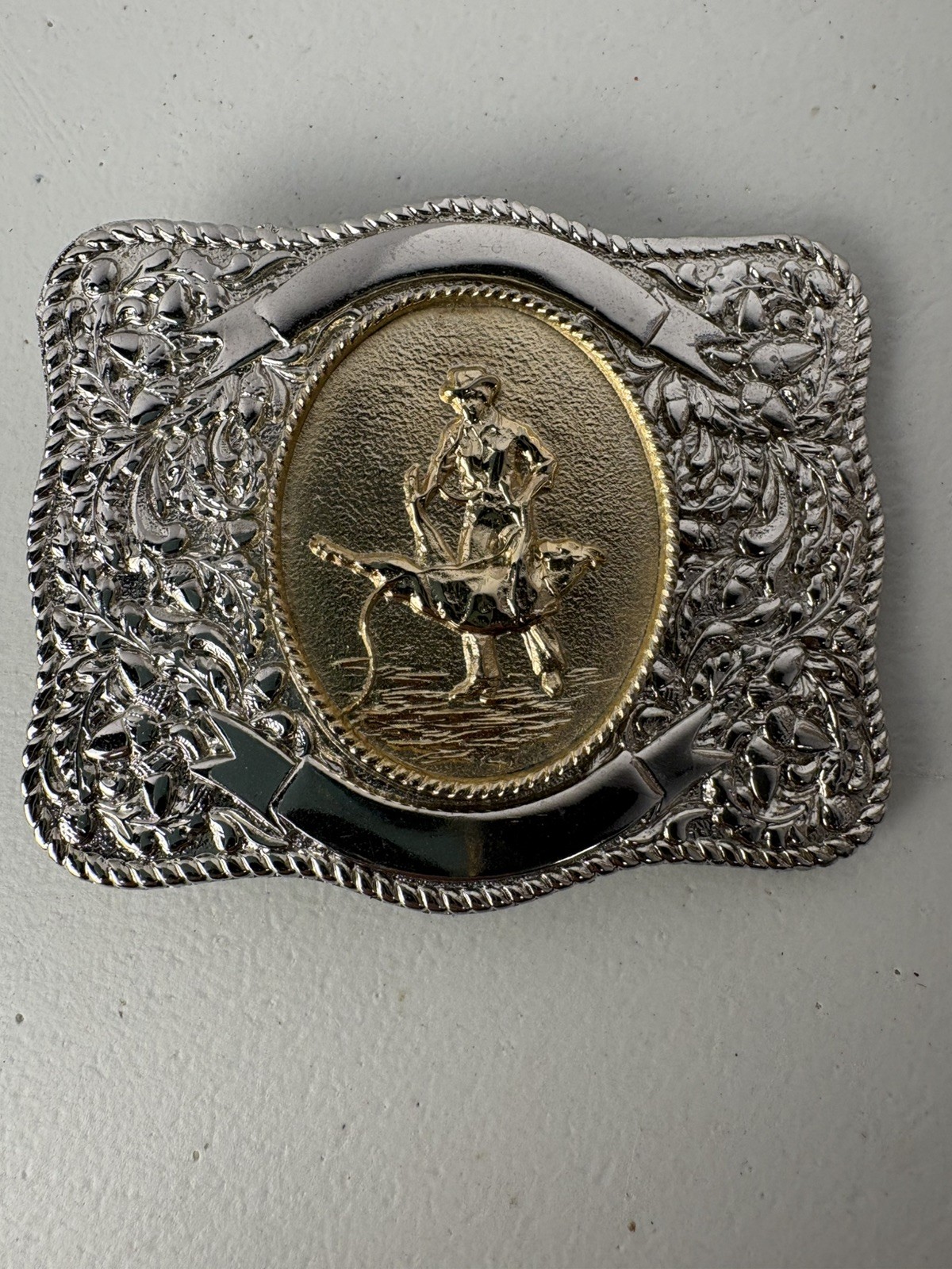 Western Belt Buckle Roper Silver Tone Engraved Western Prod Co. 70s