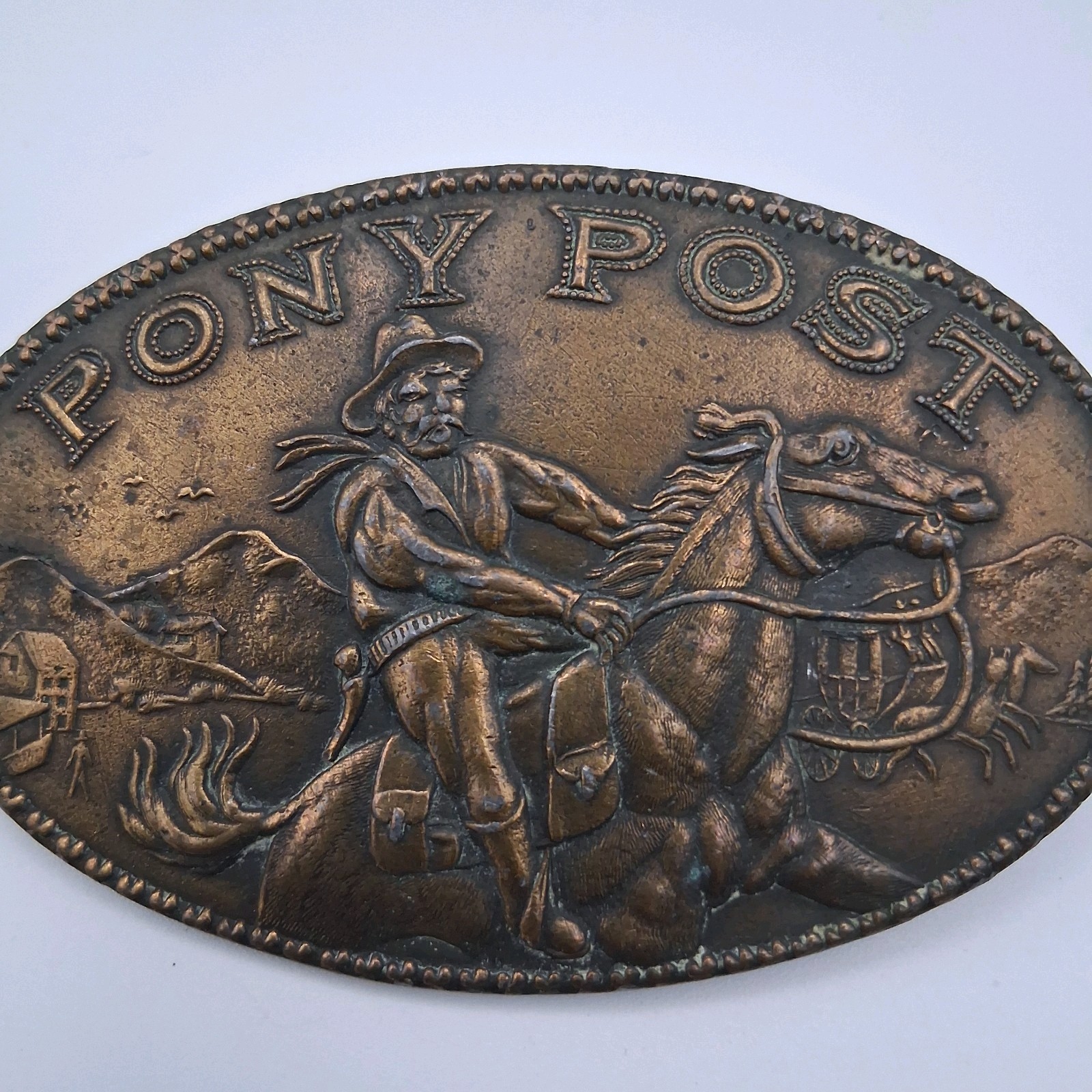 Vintage 70s Pony Post Express Brass Metal Belt Buckle Montauk Silver Company