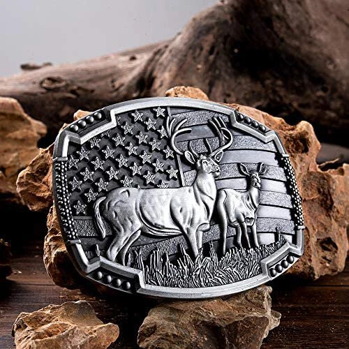 Buck Deer American Flag Belt Buckle USA Hunter Antique Silver Tone 1.5&Prime; Belts
