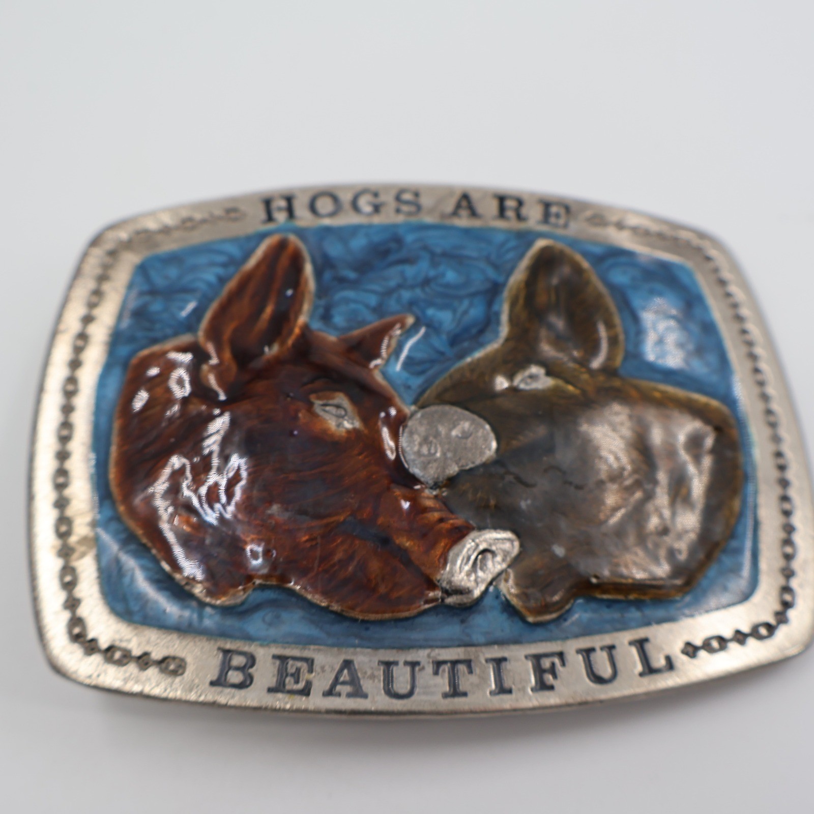 The Great American Buckle Co Pig Belt Buckle OS Blue Hogs Are Beautiful 1979
