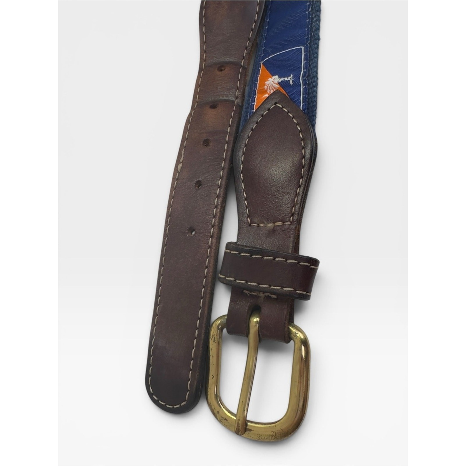 Men’s Classic Brown Leather & Canvas Blue & Orange Belt Palm South Carolina 38”