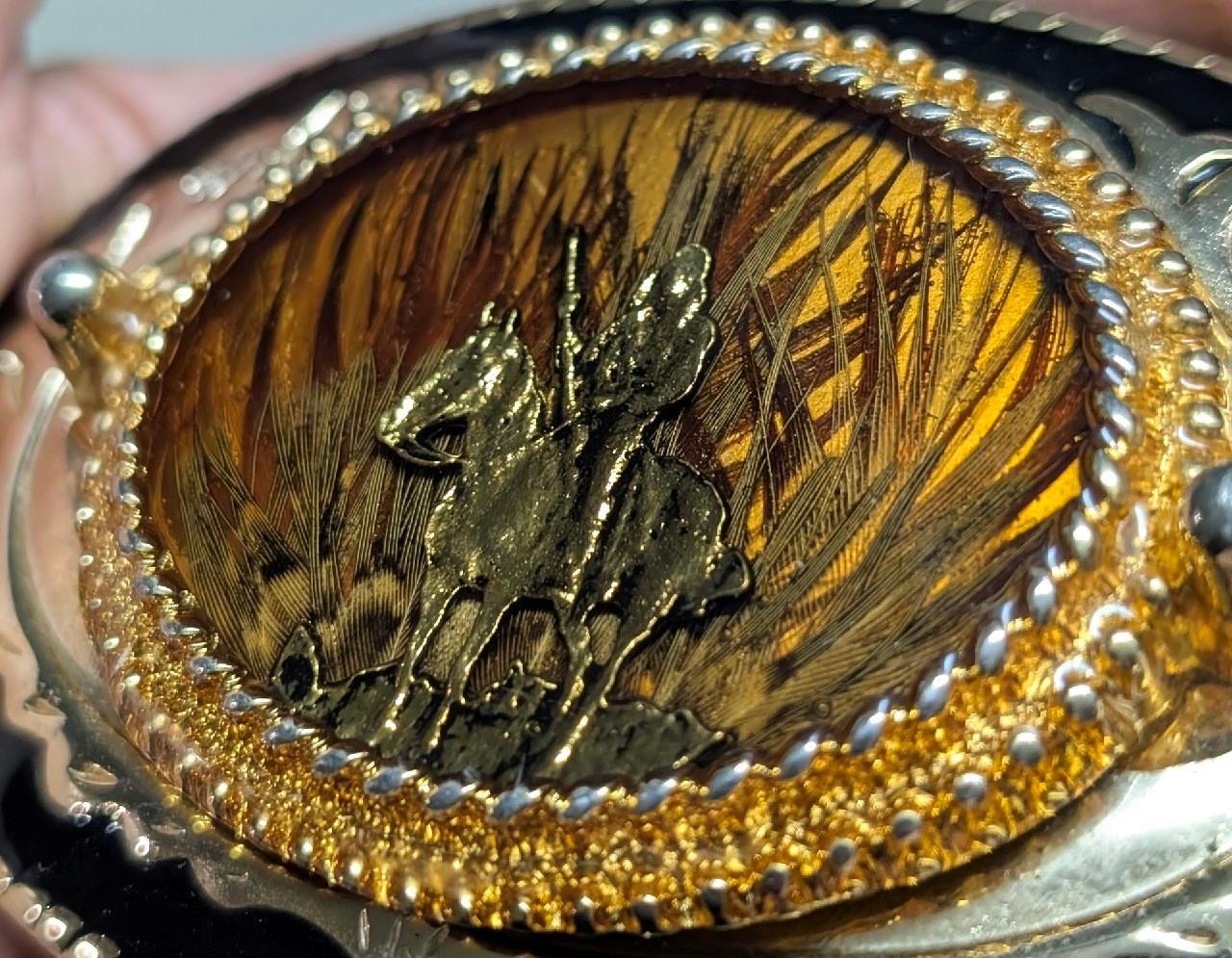 vintage GOLD FLAKE belt buckle HANDCRAFTED epoxy feather WESTERN cowboy indian