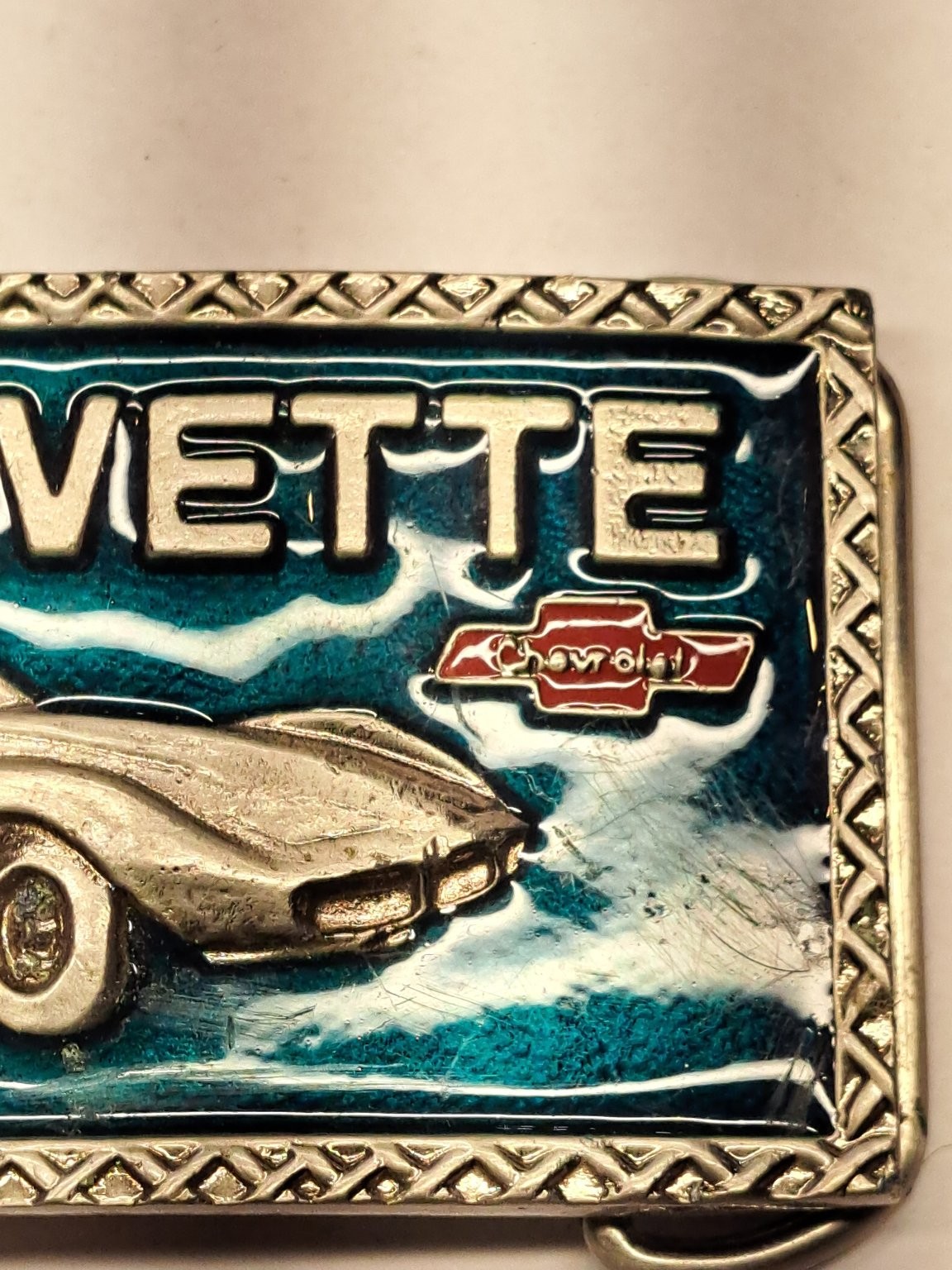 Corvette Belt Buckle Teal Silver Classic Car Logo Enamel Chevy