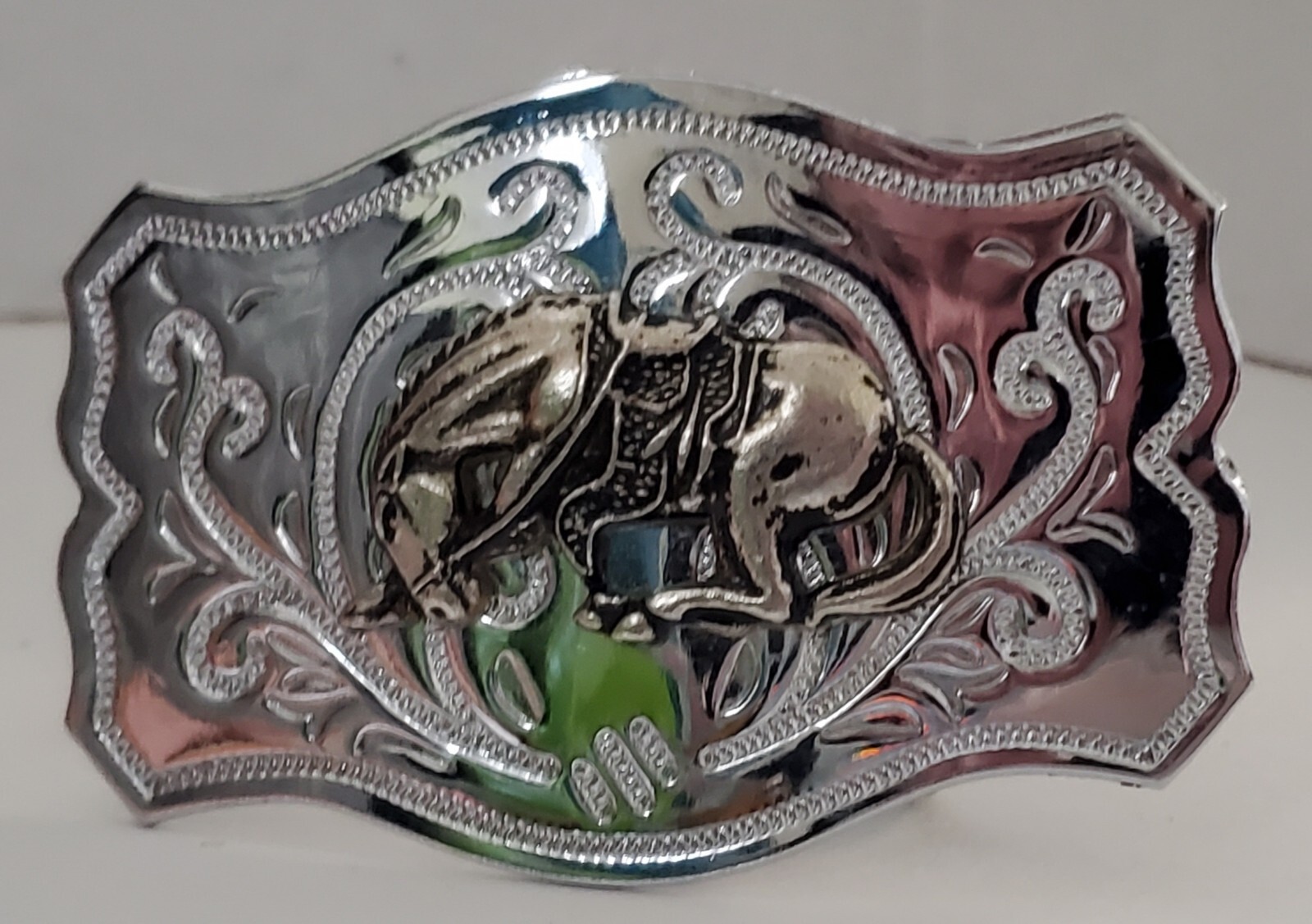 Vintage Chrome Belt Buckle with Applied Bronze Bucking Bronco Horse Clean READ