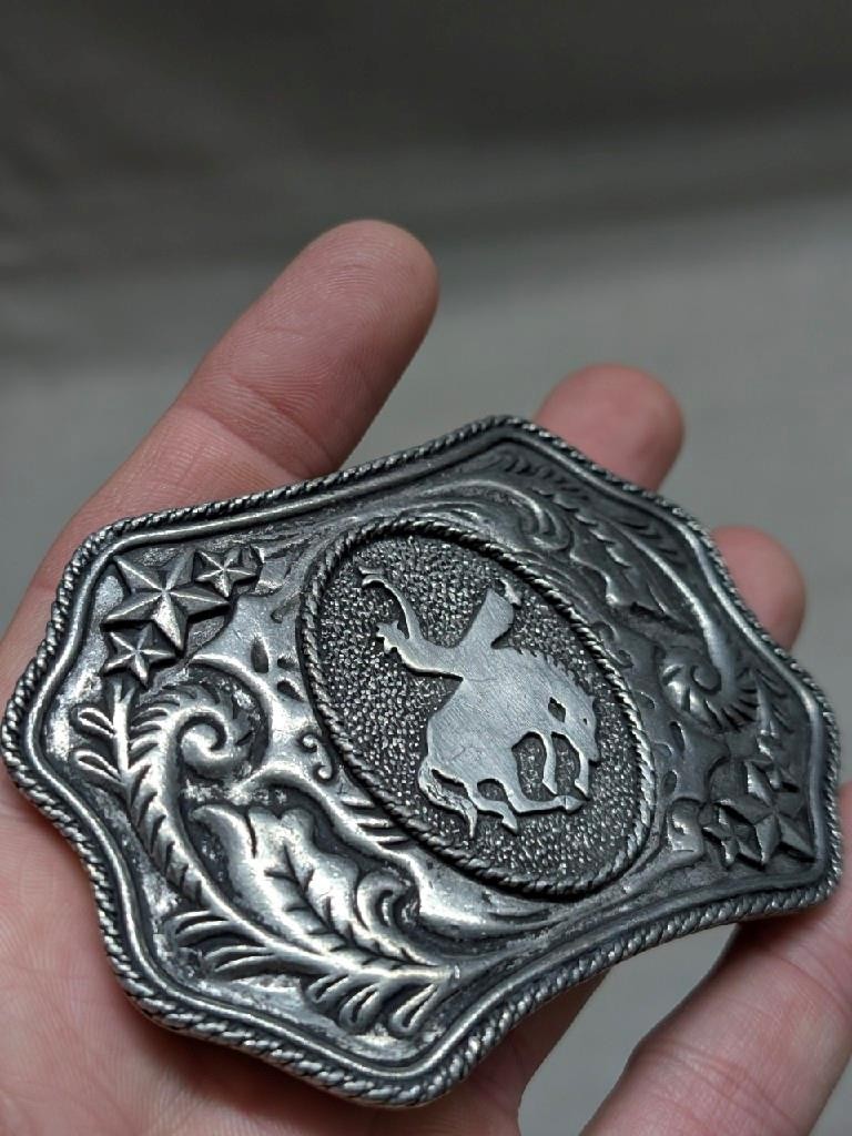 vintage 1970s belt buckle RODEO metal pewter WESTERN horse bronco COWBOY