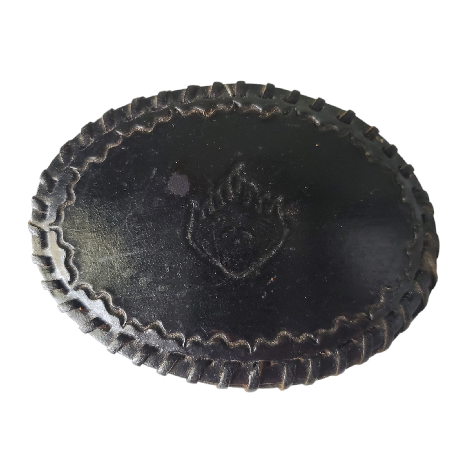 Black Leather Oval Belt Buckle Embossed Flaming Skull Goth Rockabilly Rock Punk