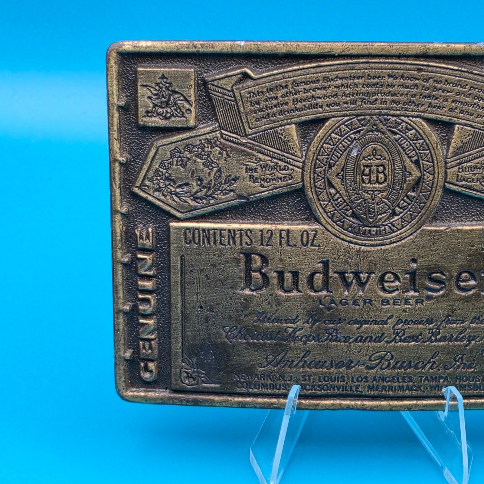 Budweiser Lager Beer Belt Buckle Odeco Inc Anheuser-Busch Brass Label Design