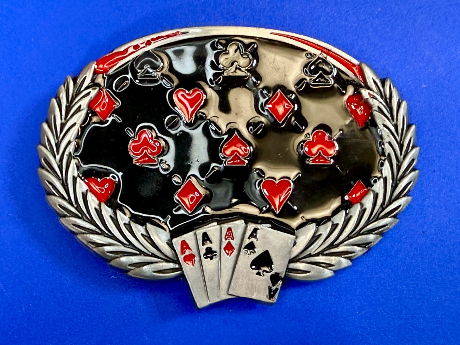 Four Aces Laurel Leaf Playing Card Casino Las Vegas Gambling Gambler Belt Buckle