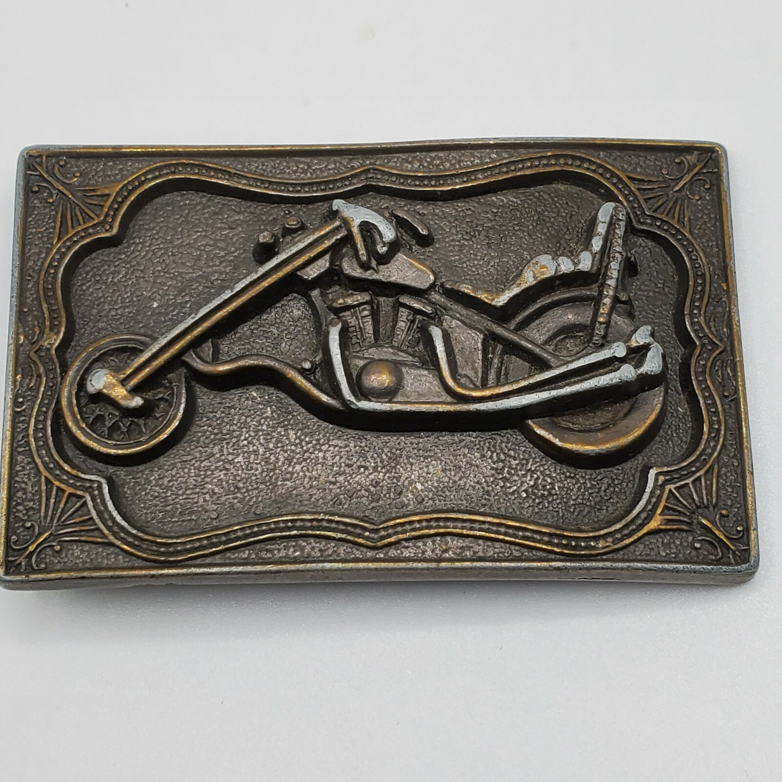 Brass Belt Buckle Motorcycle Biker Harley western rectangular 3&Prime; vintage dark