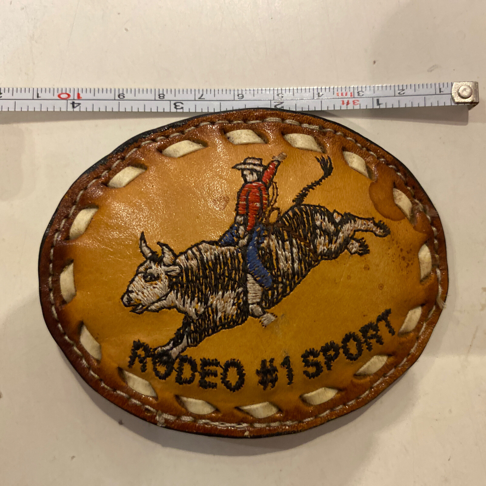 RODEO #1 SPORT Belt BUCKLE Genuine LEATHER Bullriding New Little Stained Picture