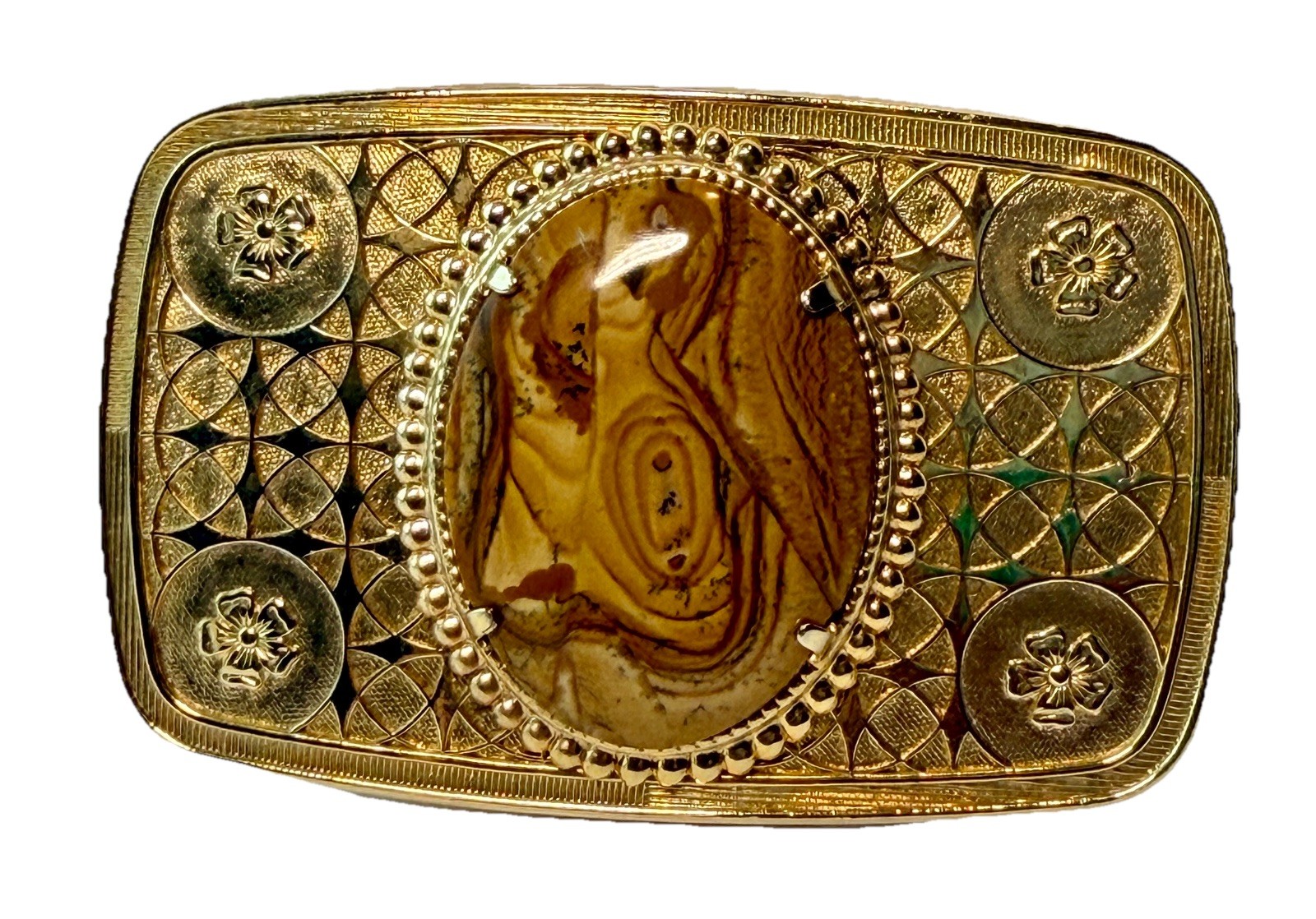 Vintage 1970 Western Belt Buckle Gold Tone Picture Jasper Cabochon Filigree Boho