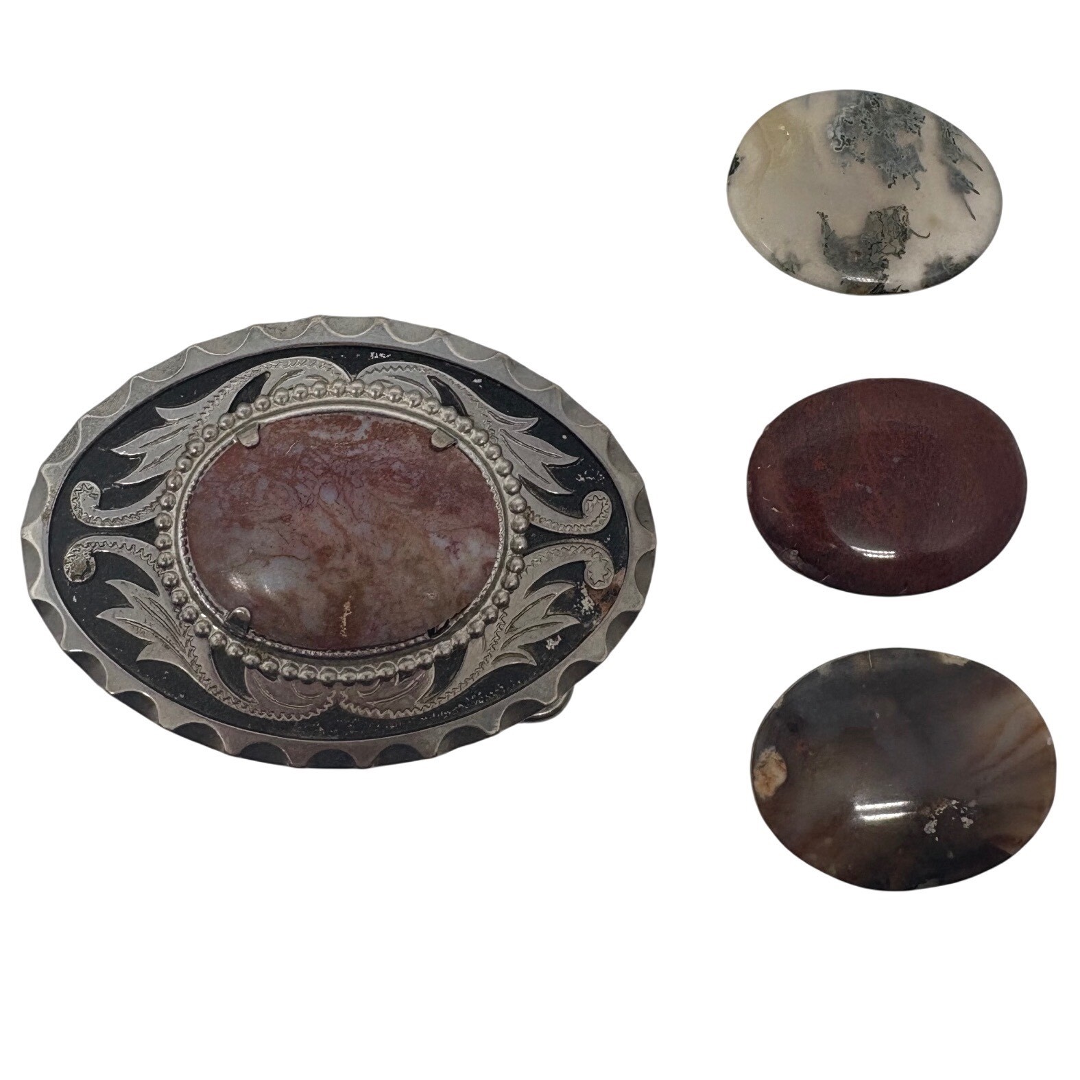 Western Interchangeable Stone Belt Buckle Silver Tone Agate Jasper 3.5in