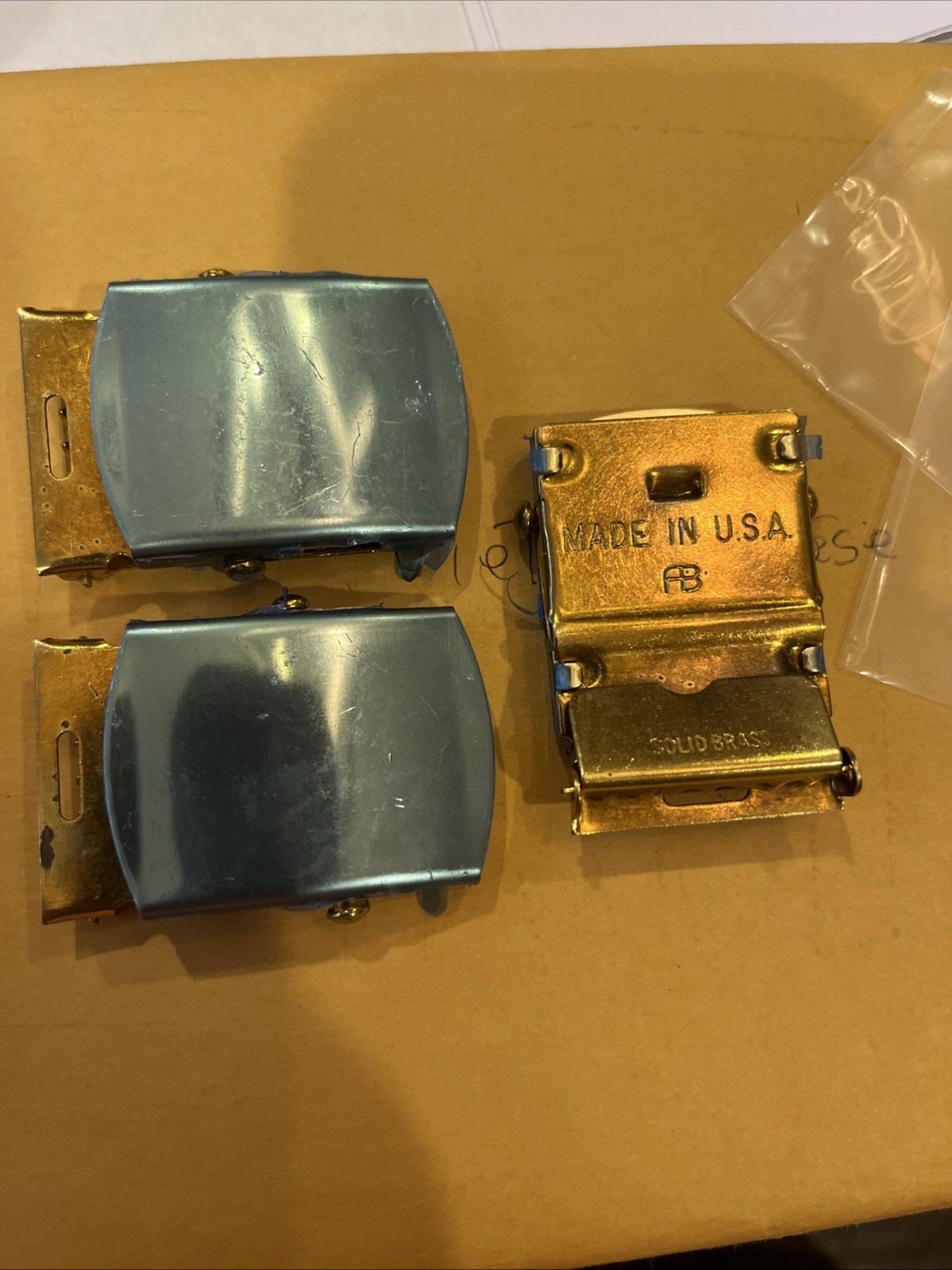 Lot 3 Solid Brass Military Web Belt Buckle 1.25&Prime; Made in USA NOS Plastic Wrapped