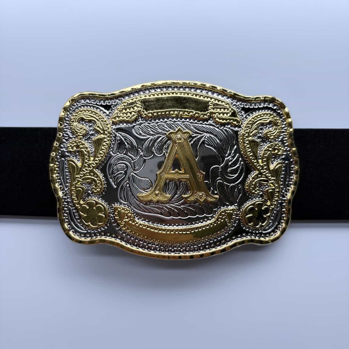 Bright Silver With Gold Initial Letter A-Z Cowboy Cowgirl Rectangle Belt Buckle