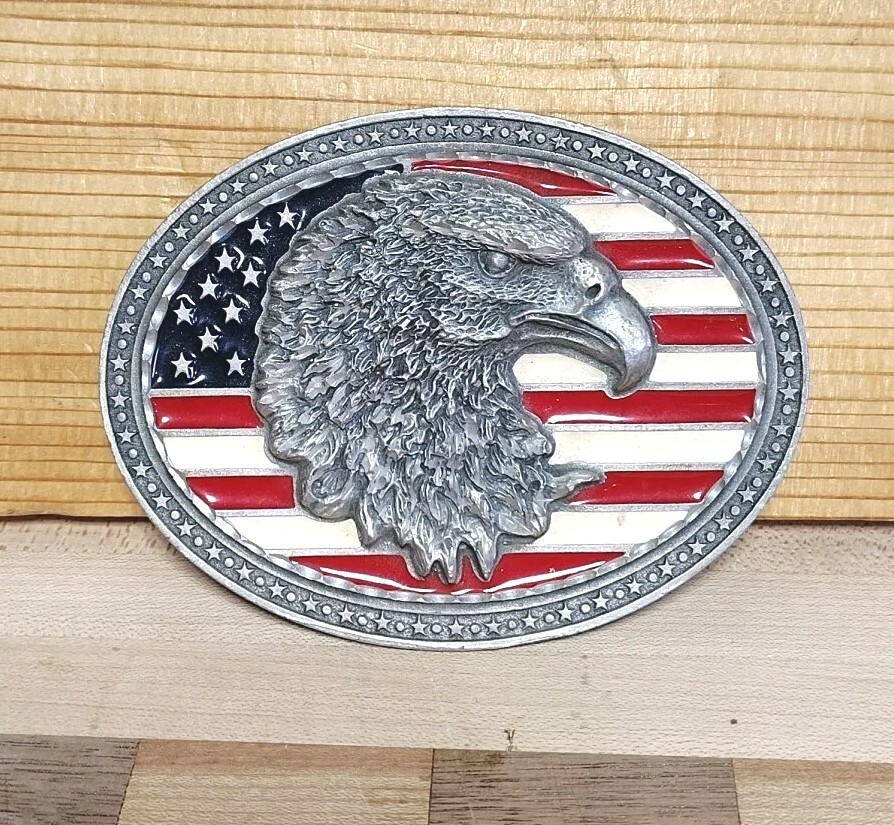 Vintage Bald Eagle Head Mens Belt Buckle American Flag Legends West EJC 2002 USA