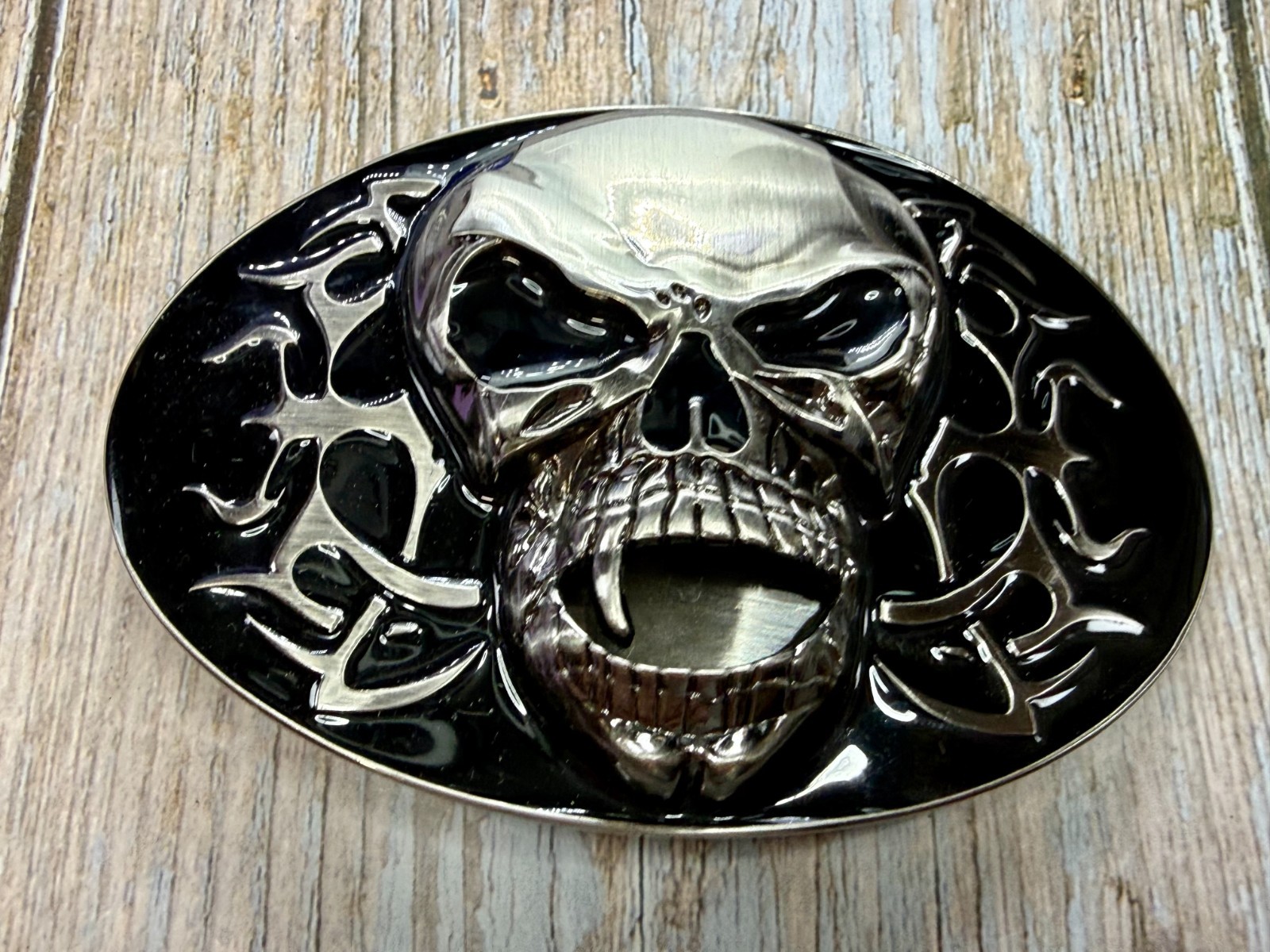 Creepy Flaming Vampire Skull with Fang Gothic Punk Pre Loved Belt Buckle