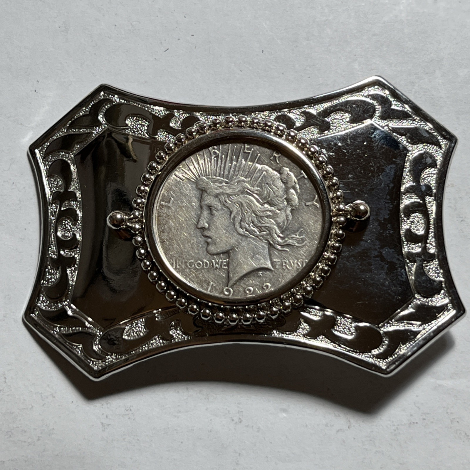 1922 vintage PEACE silver dollar WESTERN belt buckle COIN american RODEO cowboy