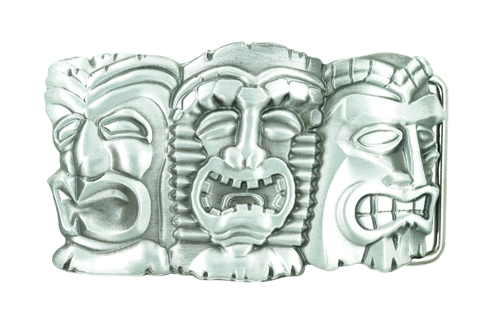 Three Tribal Tiki Tikki Masks Hawaii Western Metal Belt Buckle