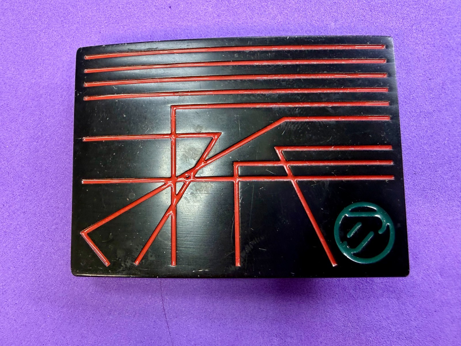 Unknown to me! Geometric Abstract Lines Red Over a Black Enamel Belt Buckle
