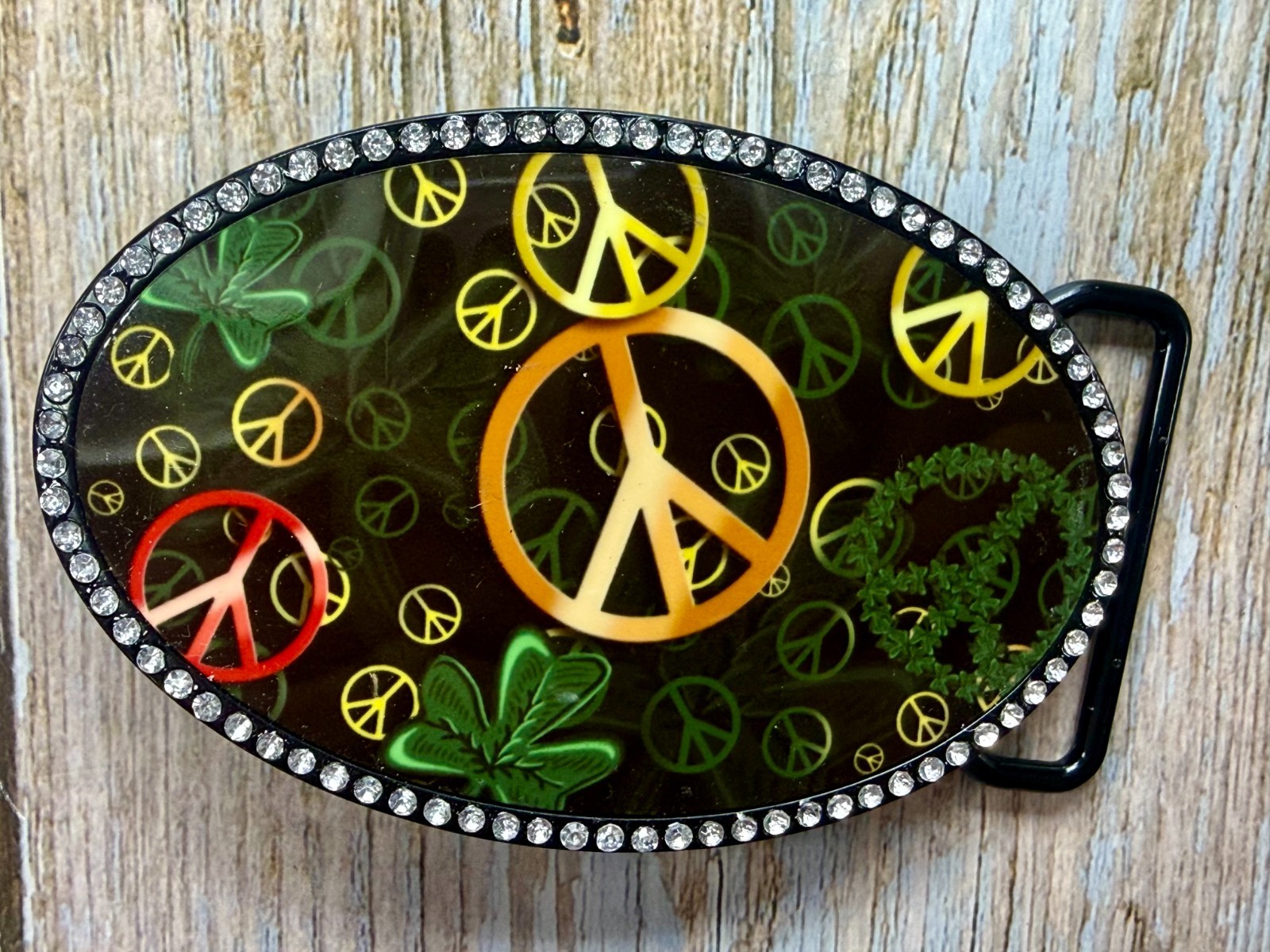 Peace Sign Symbol Four Leaf Clover with Clear Rhinestone Border Belt Buckle