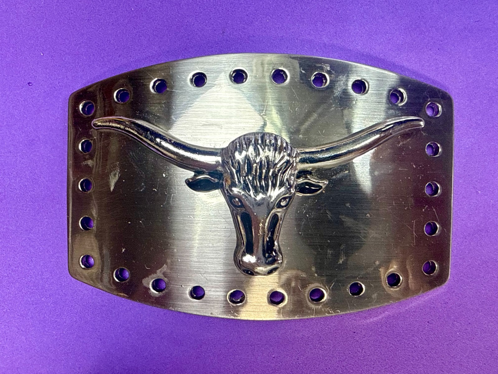 Texas Longhorn Cow Bull Head Steer Hole Border Silver Color Western Belt Buckle