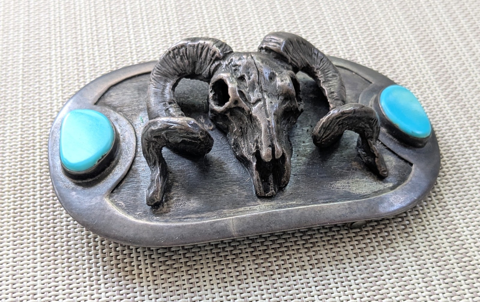 Vintage 3D Long Horned Ram Skull & Turqouise Metal Belt Buckle 4&Prime;x2 1/4&Prime;