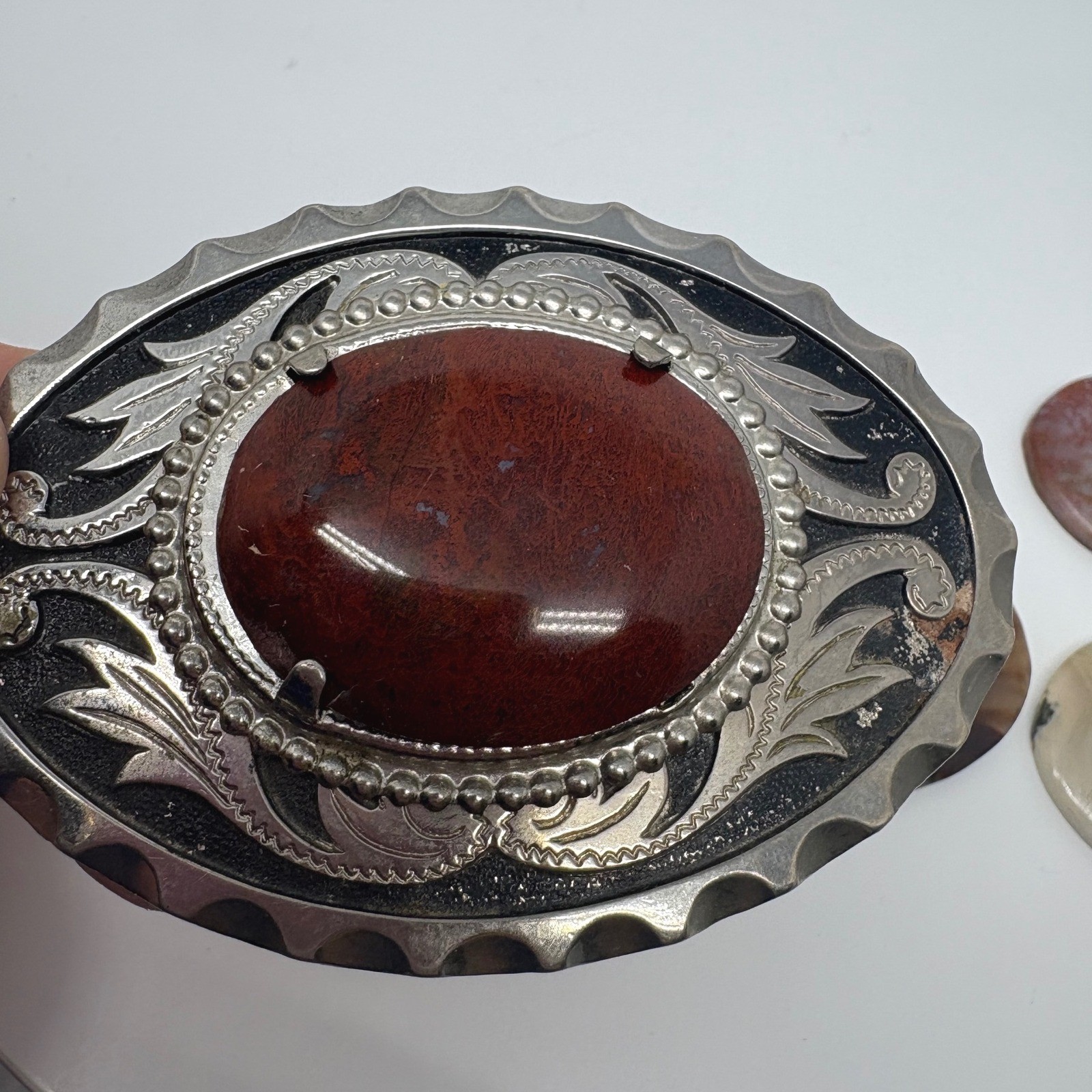 Western Interchangeable Stone Belt Buckle Silver Tone Agate Jasper 3.5in