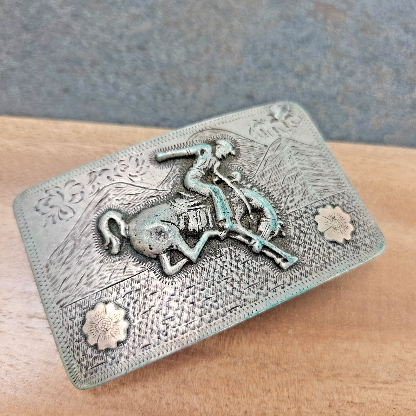 Vintage Sterling Silver 925 Mexico Cowboy Bronco Rider Western Large Belt Buckle