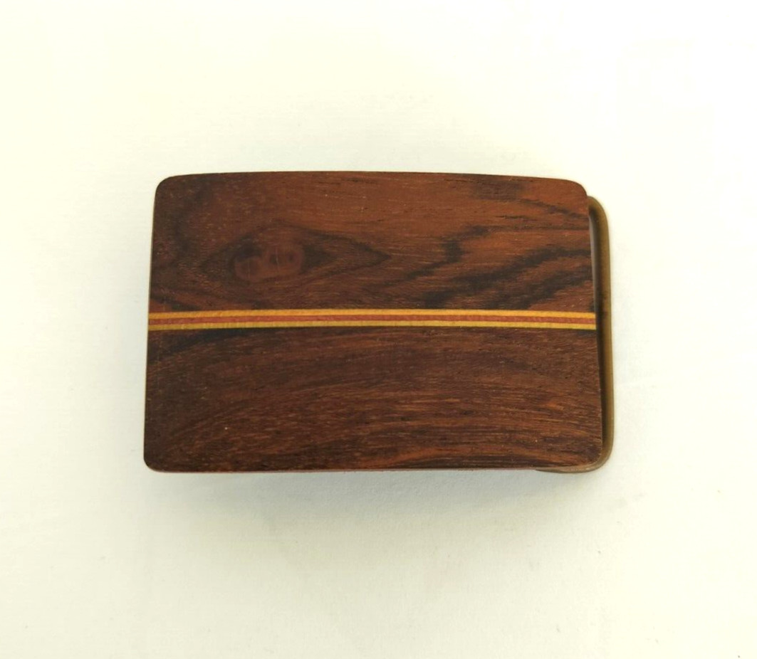 Vintage Ampersand Brass Mixed Woods Belt Buckle Kalamazoo Michigan 2.5&Prime;