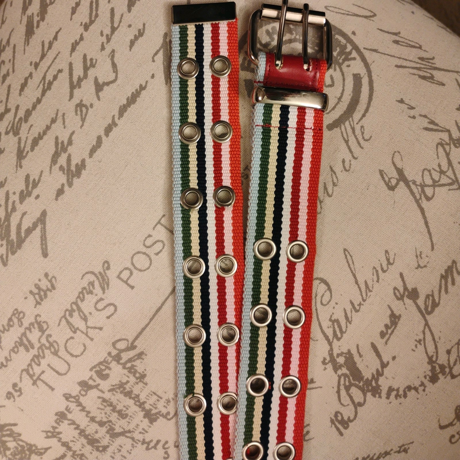 New-Colorful Striped Double Prong Buckle & Metal Grommets Belt 35 in long