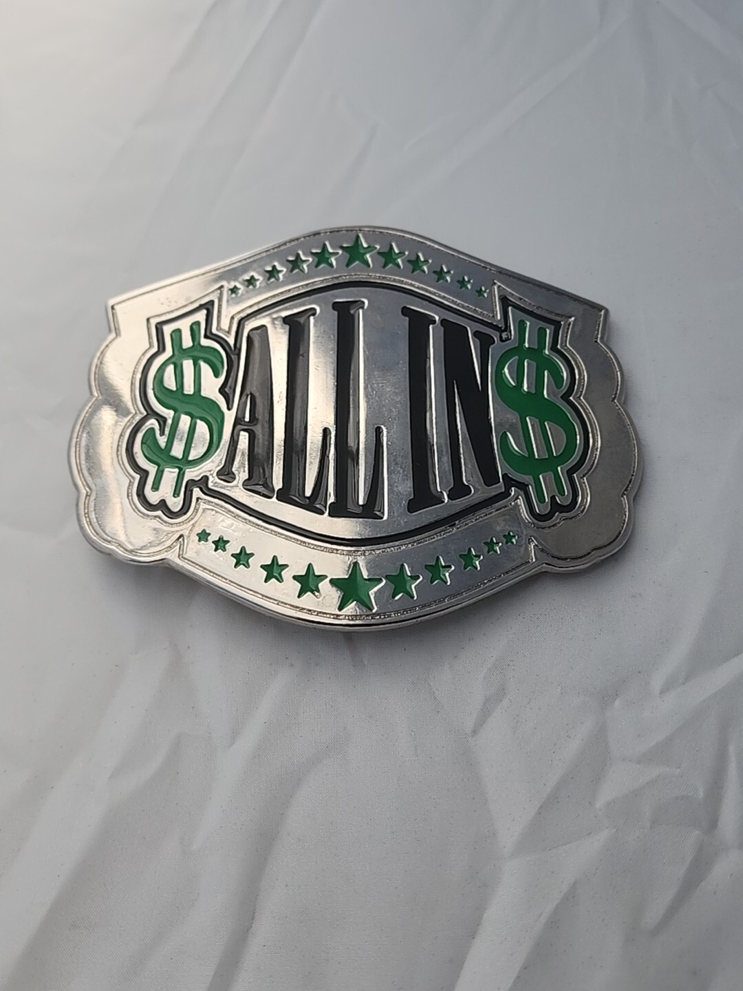 ALL IN Text Dollar Signs Novelty Belt Buckle Silver Tone Money Gambling