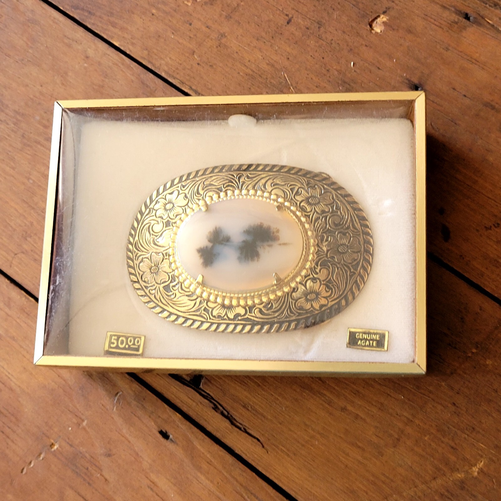 VINTAGE GENUINE AGATE AND BRASS BELT BUCKLE WITH ORIGINAL BOX NOS NIB