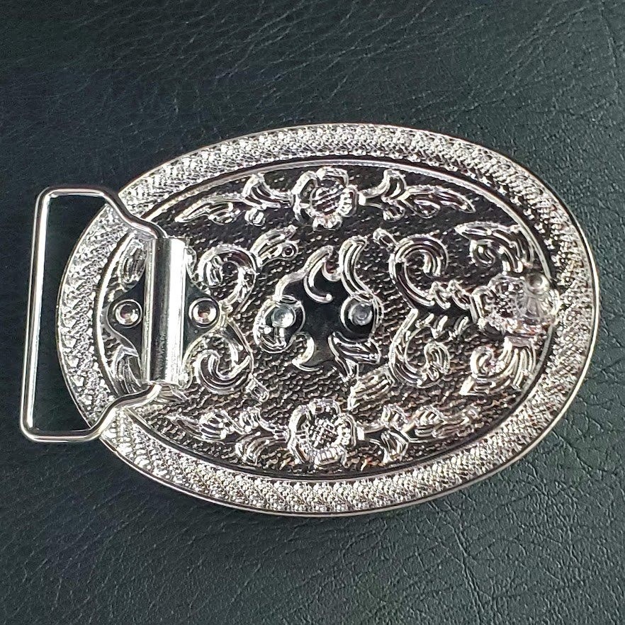 Western Longhorn Steer Belt Buckle Silver Tone Oval Engraved Floral Cowboy Rodeo