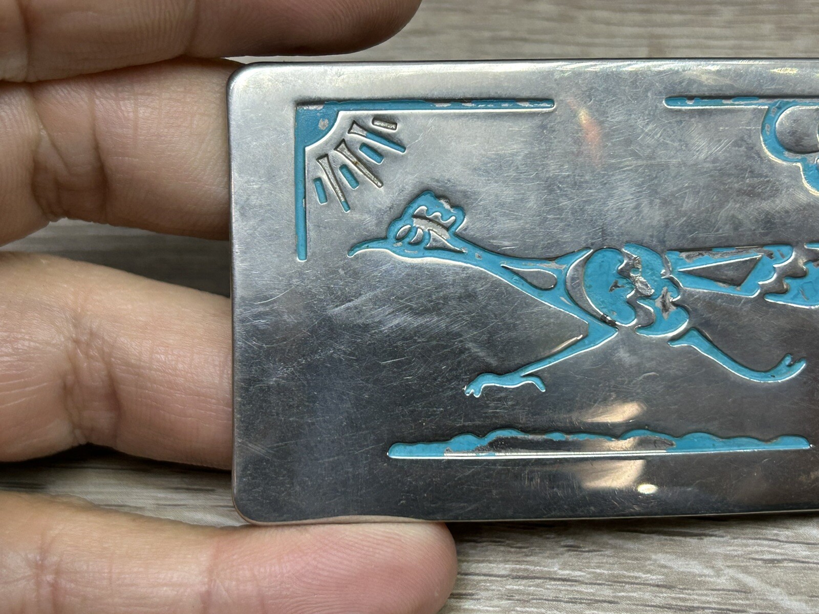 Vintage Chambers Belt Co. Turquoise Look Silver-Tone Road Runner Belt Buckle USA