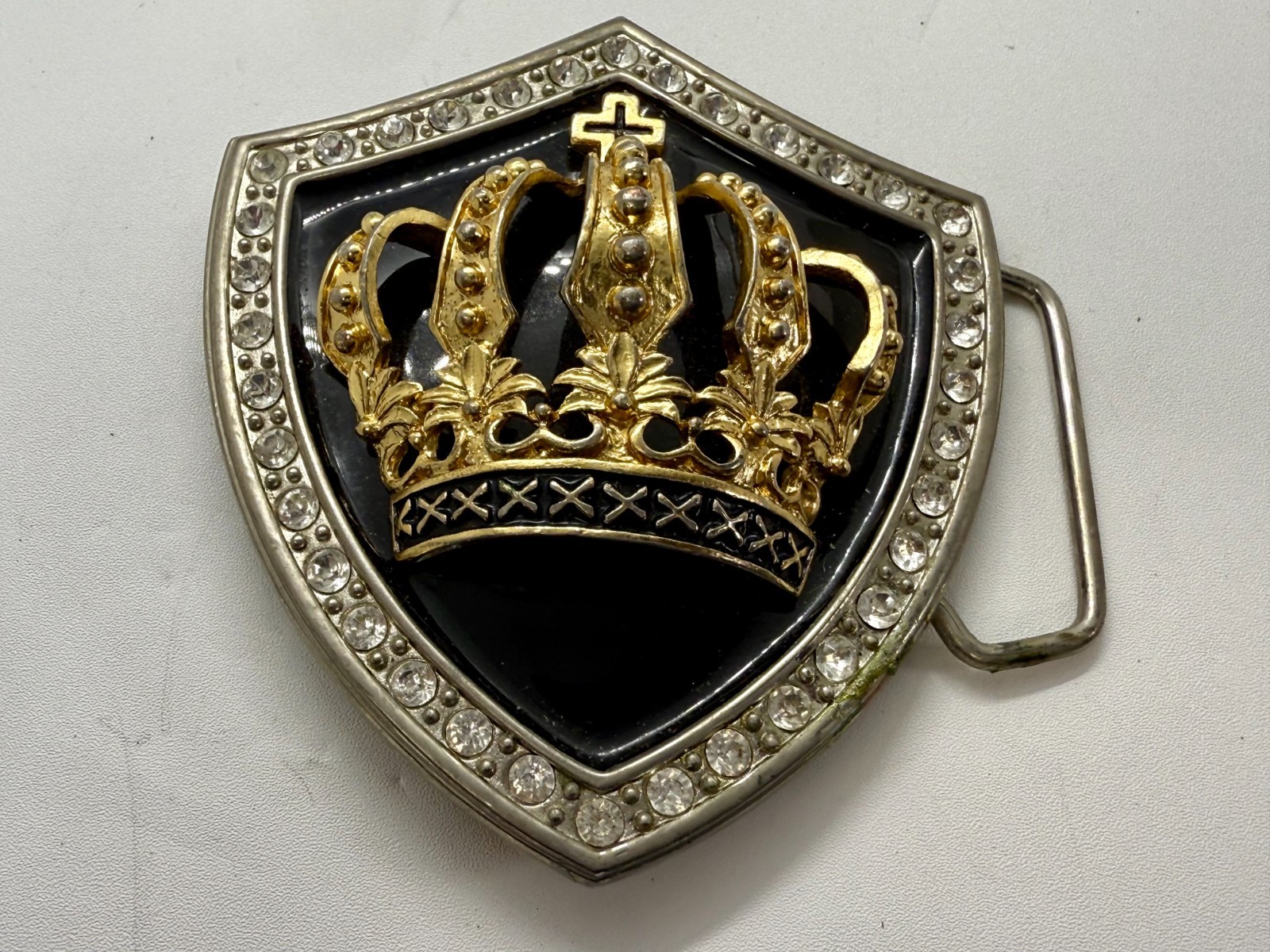Royal Gold Crown Shield with Rhinestone Border Belt Buckle A286 Classico Italia