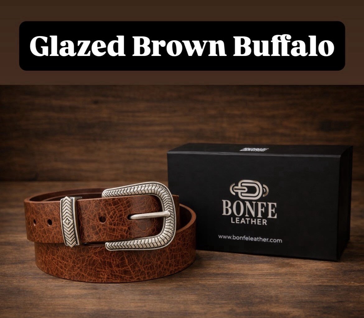 Western Belt Buckle Bonfe Leather Workshop Silver Ranger w/ Premium Leather Belt
