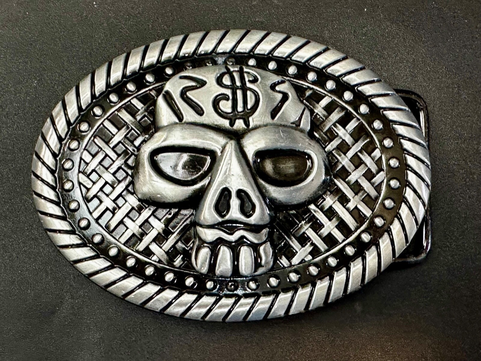 Skull With $ Dollar Sign Halloween Black & Silver Color Gothic Vibe Belt Buckle