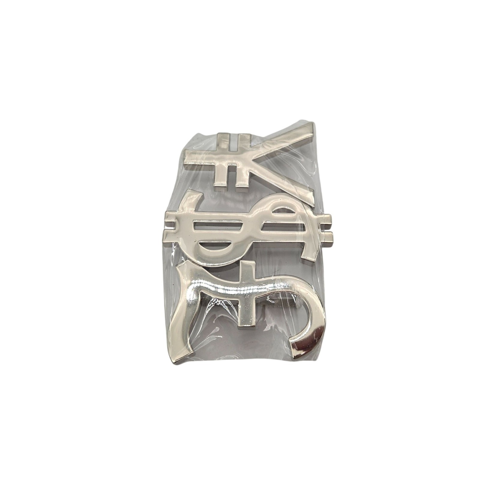 Chrome Currency Symbols Belt Buckle Dollar Pound & Yen Signs Metal Finish 4x2in