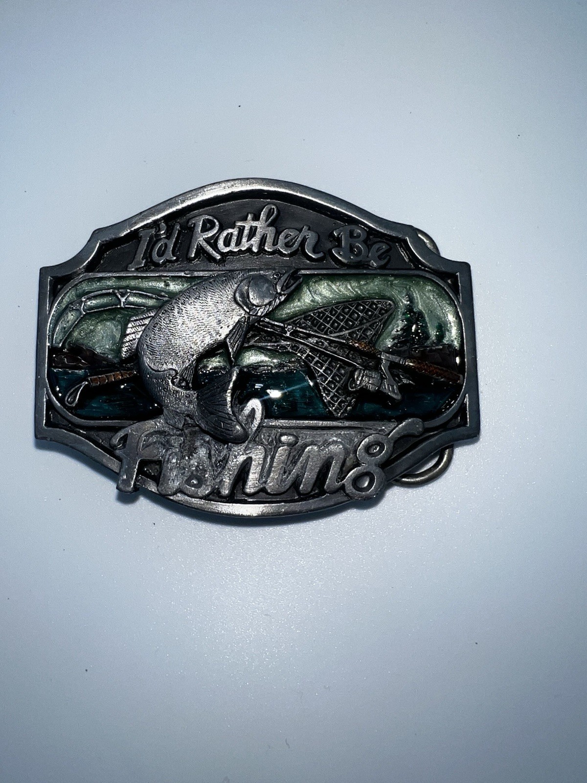 I&rsquo;d Rather Be Fishing Belt Buckle Antique Silver Enamel Inlay Fits 1.5&Prime; Belts