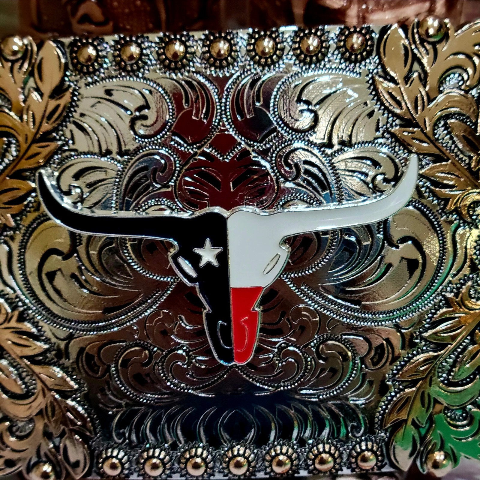 Longhorn belt buckle Western Rodeo Silver & Rose Texas-style