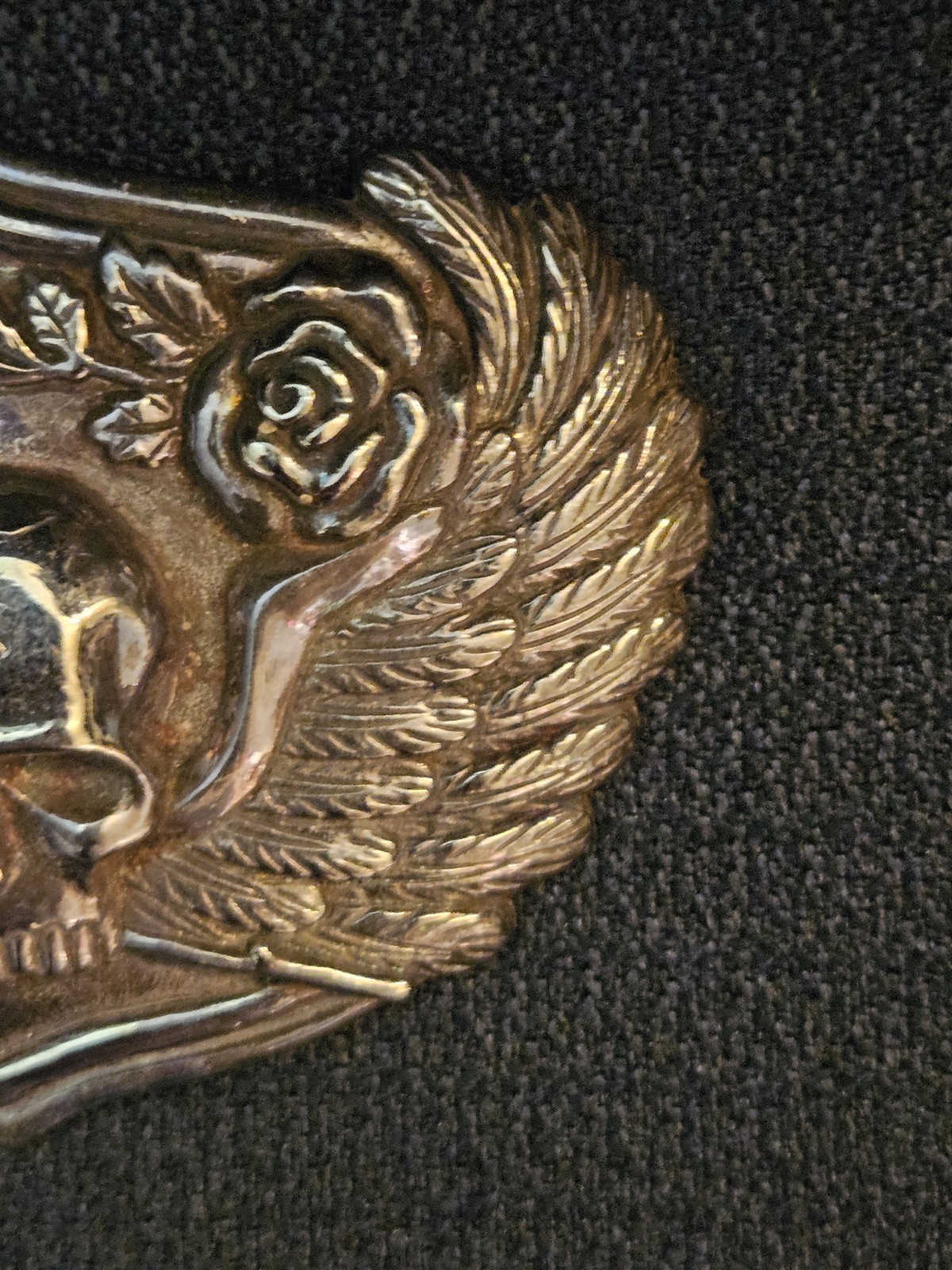 Vintage Silver Skull Belt Buckle With Wings And Roses Biker Gothic
