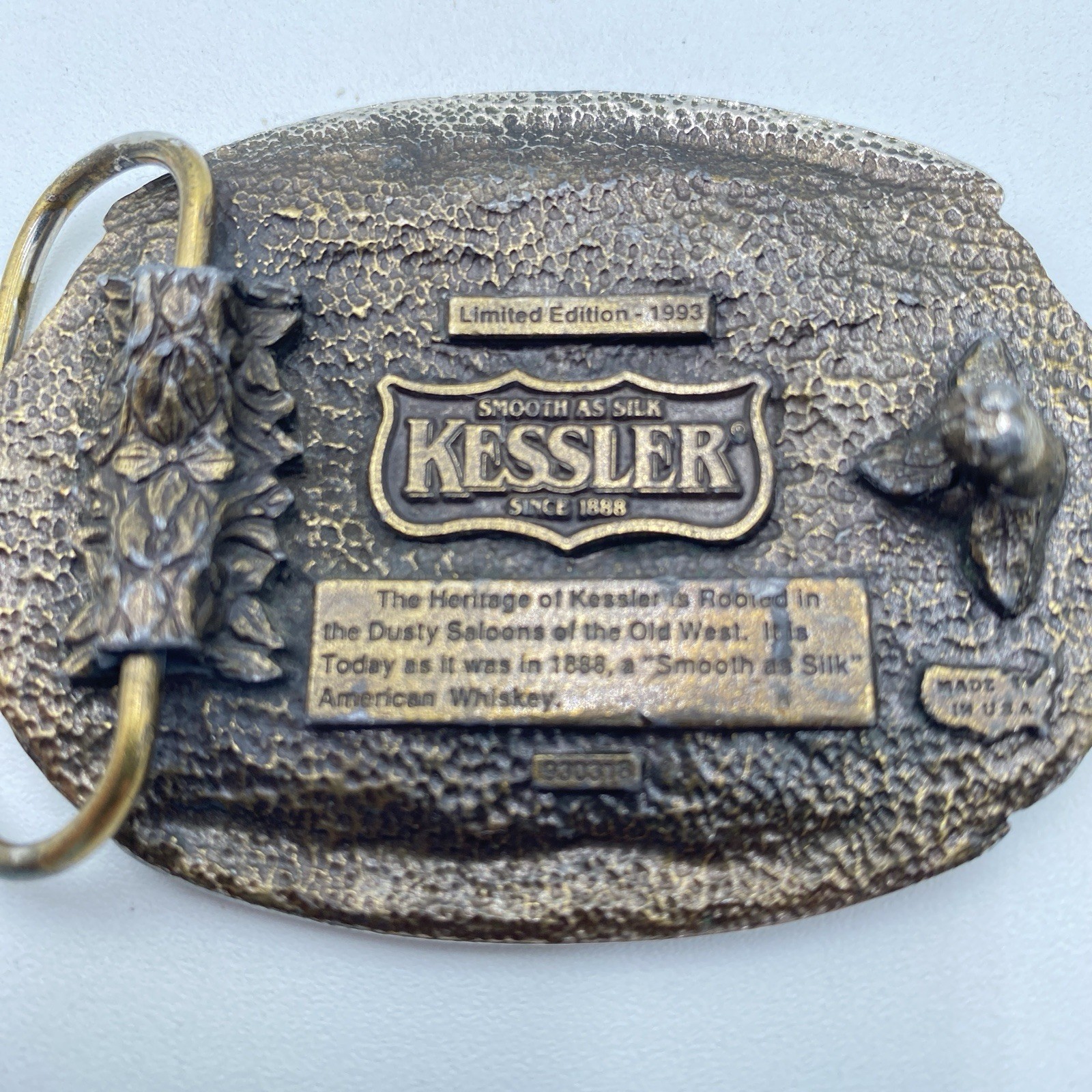 Vintage Belt Buckle Kessler American Whiskey Smooth As Silk 1993 Brass Tone USA