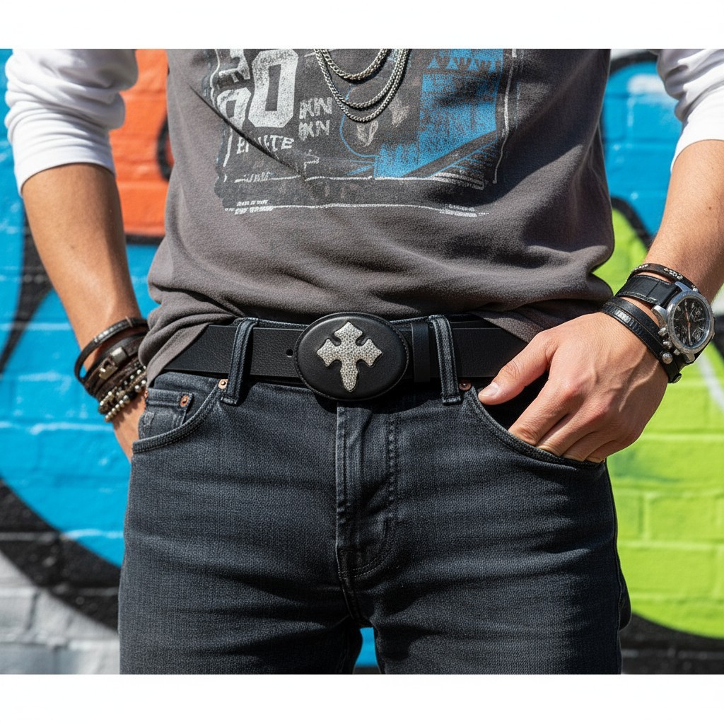 Men Women Fashion Black Oval Belt Buckle Silver Metal Bling Cross Religious Look