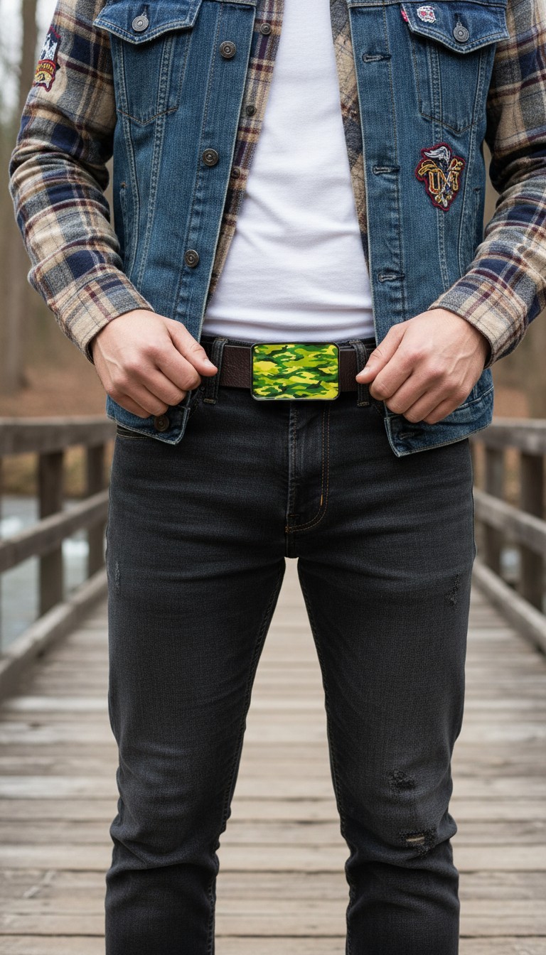Men Women Black Metal Fashion Belt Buckle Army Green Camouflage Standout Design